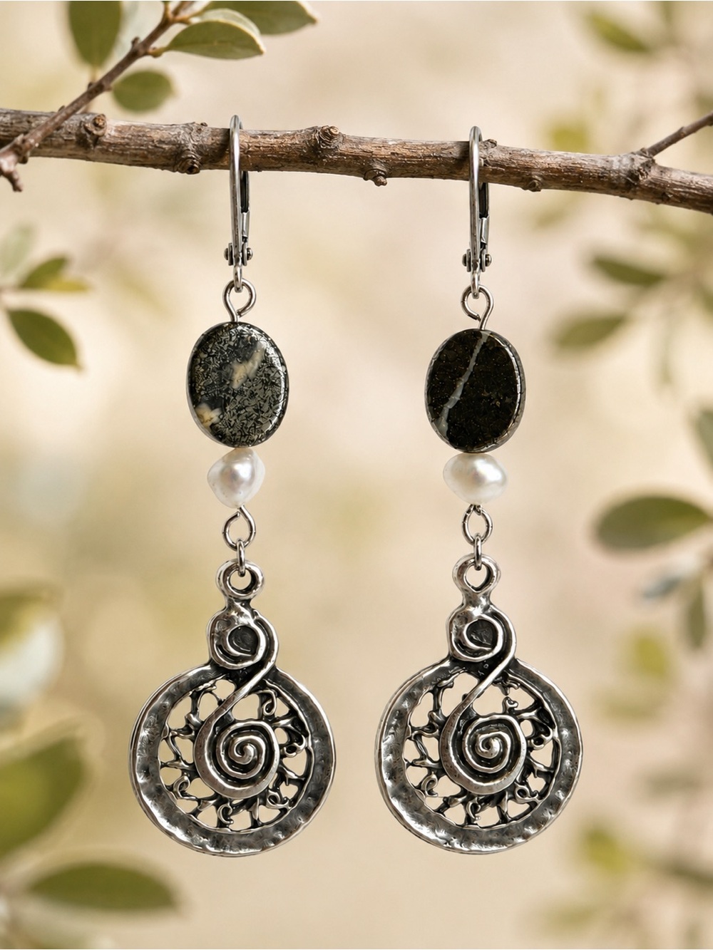 Pyrite & Freshwater Pearl Silver Scroll Dangle Earrings Artisan Boho